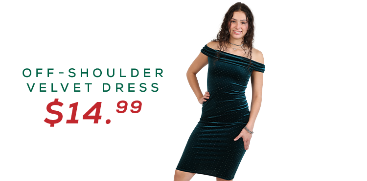 image of a woman in an emerald green velvet dress priced at $14.99