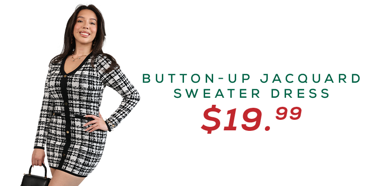 Image of a woman in a jacquard button up sweater dress priced at $19.99