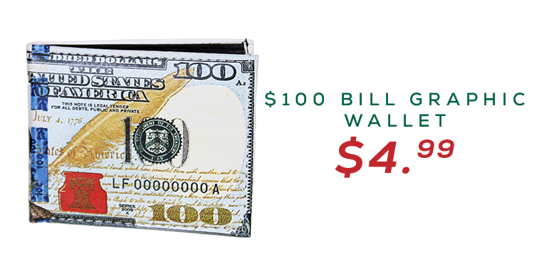 Men's bifold wallet with a print of a $100 bill on the exterior for $4.99