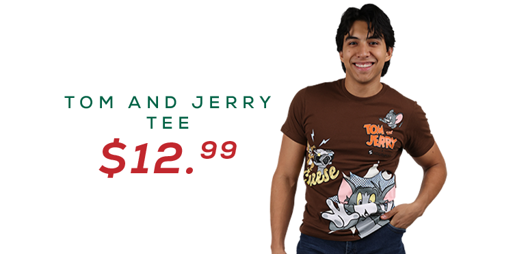 Man in a brown Tee with wraparound Tom and Jerry graphics for $12.99