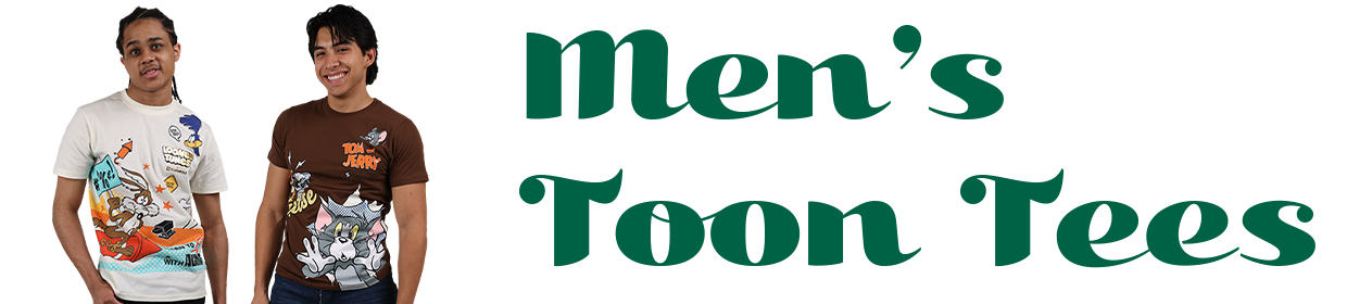 One man in a while Looney Tunes tee standing next to another man in a brown Tom and Jerry tee with the text "Men's Toon Tees"