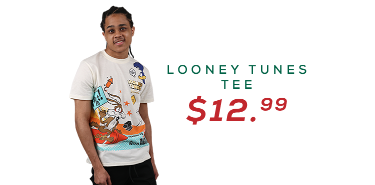 Man in a white Tee with wraparound Wile E. Coyote and Roadrunner graphics for $12.99