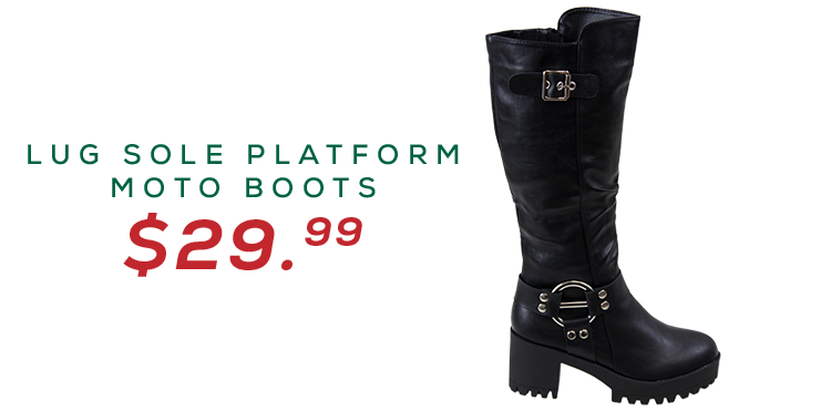 Profile view of a black block heel lug sole pleather moto boot priced at $29.99