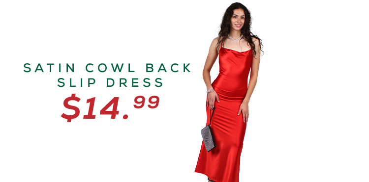 Image of a woman in a satin cowl back dress priced at $14.99