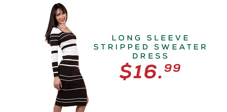 image of a woman in a striped sweater dress priced at $16.99