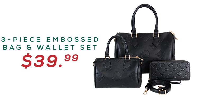 image of matching black embossed pleather tote, shoulder bag and wallet for $39.99