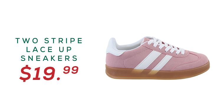 Profile view of a blush pink two stripe suede German athletic trainer style sneaker priced at $19.99