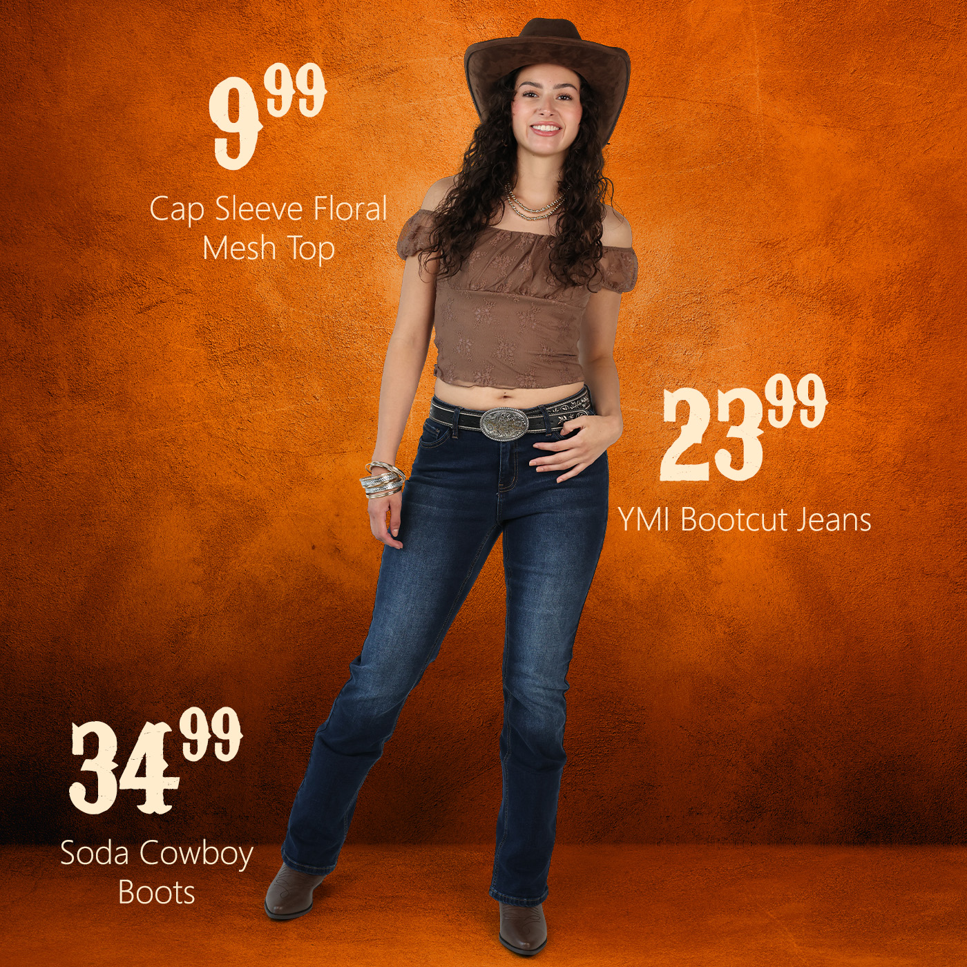 Everyday urban cowgirl: Woman wearing cap sleeve top with dark bootcut jeans and a cowboy hat and cowboy boots Everyday urban cowgirl: Woman wearing cap sleeve top with dark bootcut jeans and a cowboy hat and cowboy boots