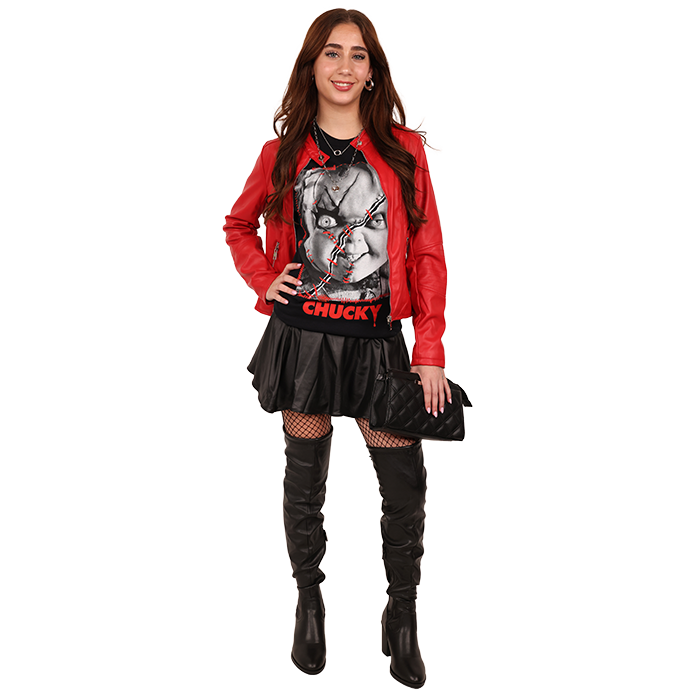 Get ready to embrace the spooky season with our featured "Freeze" Chucky Short Sleeve Graphic Tee shirt. Whether you're drawn to the edgy grunge aesthetic with broad-leg jeans, a distressed denim jacket, and combat boots, or you lean towards a more polished, pleather girly style with a fitted skirt, ankle boots, and statement accessories, we have two complete looks tailored to match your unique fashion personality. These outfits are designed to help you express your love for the iconic Chucky character while staying true to your style.