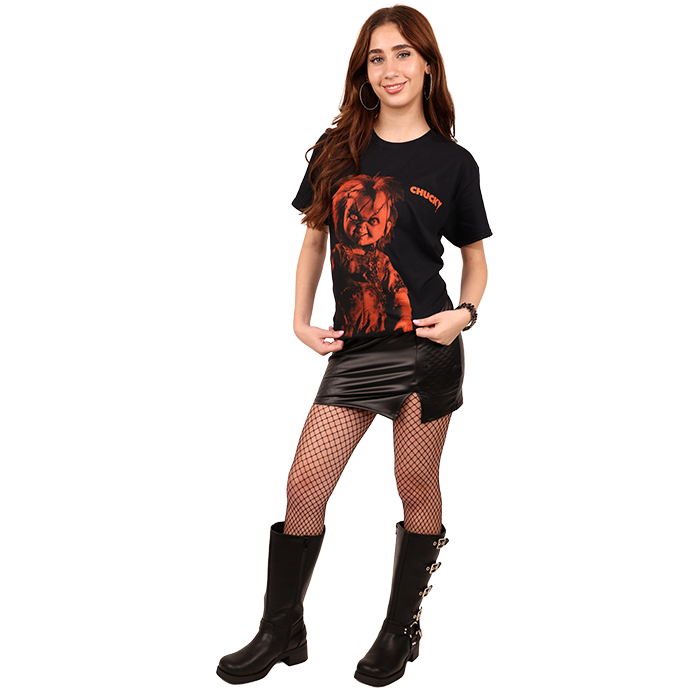 Embrace the spirit of Halloween all year round with the chilling "Freeze" Red Chucky Graphic Tee. This eye-catching shirt features a vibrant design that captures the iconic character in a fun yet spooky way. Pair it effortlessly with your favorite pleather or denim pieces for a stylish look perfect for any occasion, whether hanging out with friends or making a statement at a themed event. It's a must-have for any horror fan looking to fashionably showcase their love for the genre.