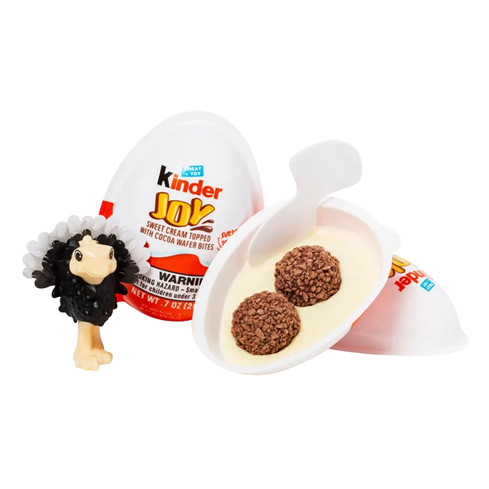 Kinder Joy is a delectable and innovative treat in the recognizable shape of an egg. It is designed to offer a delightful and surprising experience. One half of the egg features a delectable combination of two layers of rich, milky sweet creams; each topped with two crispy wafer bites filled with luscious cocoa cream. The other half of the egg contains an exciting surprise toy, adding an element of anticipation and fun to the overall enjoyment of the treat.