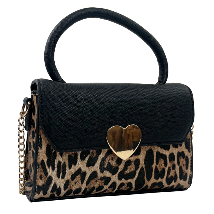 The "Emperia" Mini Cheetah Print Flap Heart Satchel Handbag is a standout accessory, perfect for the trendsetter who loves to make a statement. This eye-catching handbag features a striking cheetah print that adds a fierce and fashionable touch, appealing to the bold spirit of the modern woman.  The satchel has a charming heart-shaped flap that enhances its whimsical appeal and provides a unique twist on the classic handbag silhouette. Its compact yet spacious interior holds all your essentials, making it both stylish and practical for daily use.  Whether she's heading to brunch with friends, a night out on the town, or an important meeting, this handbag is the ideal gift for the powerful, confident woman in your life. It’s more than just an accessory—a declaration of style and self-expression, sure to be cherished for years. Give the gift of confidence and flair with this stunning satchel!