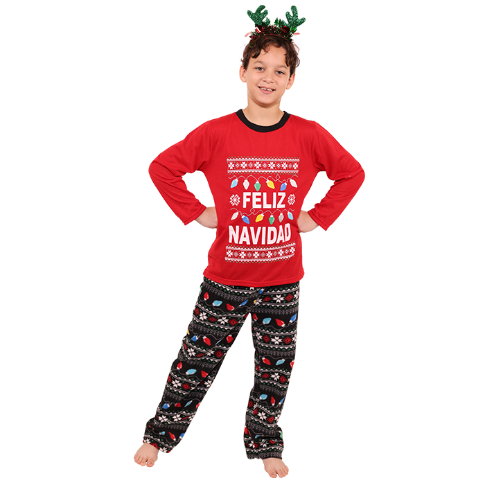 Your little boy will look absolutely charming in the delightful “Allura” Feliz Navidad Boys' Kids' Christmas Pajamas. The festive design will not only bring a smile to his face but also make the entire family feel merry and bright as they celebrate the holiday season together.