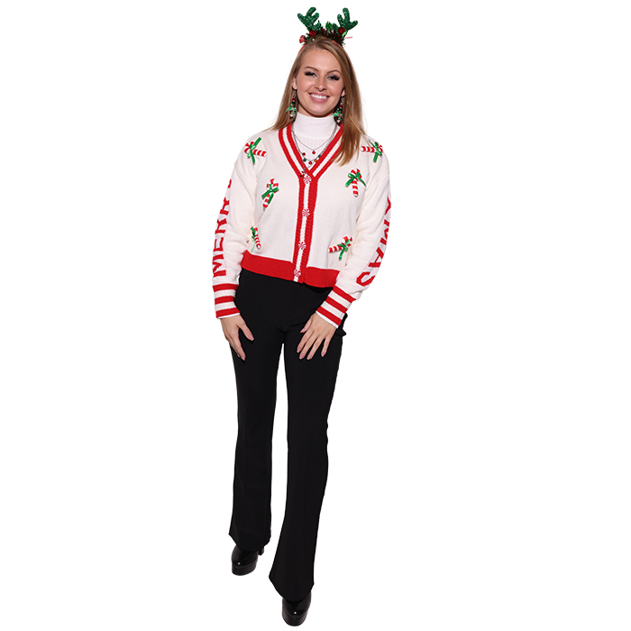 Why not embrace the festive spirit with the enchanting "No Comment" White Merry X-Mas Candy Cane Cardigan when gearing up for work Christmas parties? This delightful piece showcases a whimsical design featuring vibrant candy canes, instantly adding a playful touch of holiday cheer to any outfit. Layer it over a simple yet stylish base, such as a fitted turtleneck or a soft cotton blouse, to complete your look. Pair it with tailored slacks for a polished appearance, and finish the ensemble with your choice of sleek, chic booties that enhance the overall elegance. This cardigan is not just a fashion statement; it’s a joyful celebration of the season!