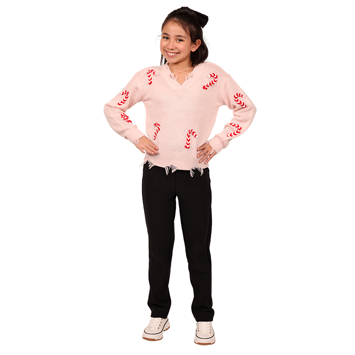 Transform your little girl's holiday wardrobe with the charming "No Comment" Distressed Pink Candy Cane Christmas Sweater, adorned with playful candy cane graphics and a cozy distressed finish. Pair it with the stylish "Ikeddi" Straight Leg Black Dress Pants for a classic yet chic look that ensures comfort and ease of movement during festive gatherings. Complete the outfit with the trendy "Lucky" High Top Platform Canvas Sneakers, featuring a fun design that adds a pop of personality and provides ample support for all her holiday adventures.