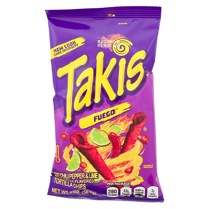 Takis Fuego rolled tortilla chips offer an intense experience with a flavor that ignites the senses. These fiery chips combine the heat of hot chili pepper with the zest of lime.