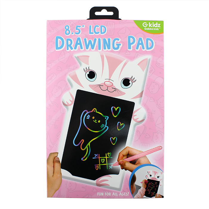 Give your child an adorable pink cat "M&S" Kids Character LCD Drawing Pad with a quick touch easy button, built-in stylus holder, easy-to-draw LCD screen, and more for all the rainbow-lined pictures to draw.