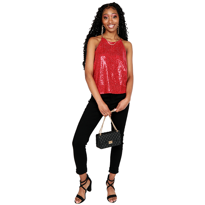 Red "Papermoon" Hi-Neck Sequin Tank as a bold top and tone the look down with our black "Wax" 24" Black Skinny Jeans paired with our black "Top" 3 1/2 X-Strap Double Buckle Ankle Strap Heels.