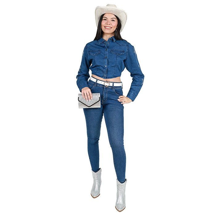 Whether you're gearing up for an exhilarating concert at the rodeo or enjoying a night out at your local country club, this stunning outfit will surely impress. Start with the "Indulge" 16" Long Sleeve Denim Top, featuring an elastic back for a comfortable fit and adorned with eye-catching rhinestone star details that add a touch of sparkle. Pair it with the "Adam Tala" 27" Denim Skinny Jeans, expertly tailored to hug your curves while providing a chic and modern silhouette. To complete the look, slip into the "Top Guy" 3" Heeled Rhinestone Cowboy Booties, which offer both style and a hint of glamour with their striking rhinestone accents. This combination is perfect for standing out and feeling fabulous on any occasion!