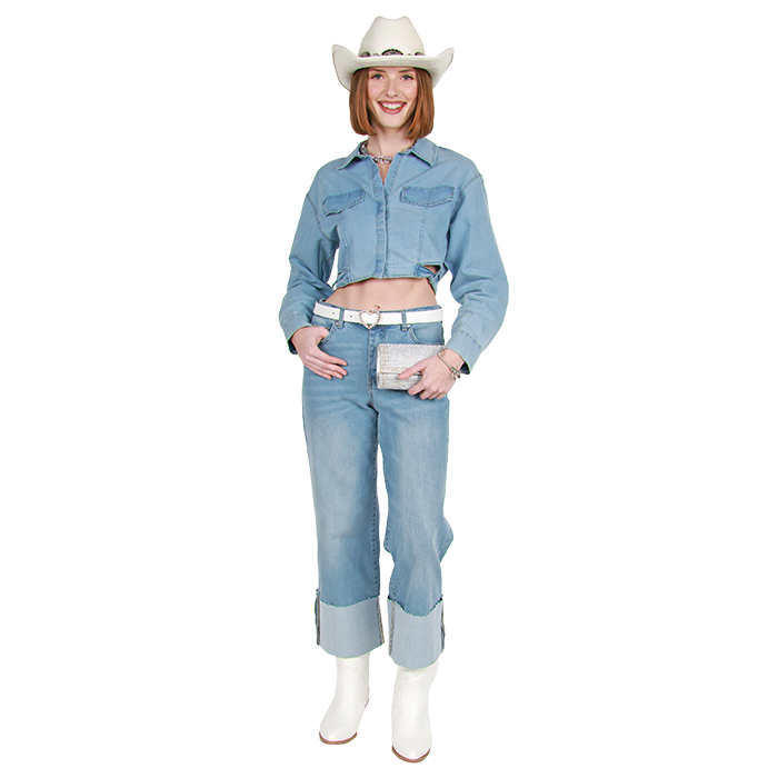 Experience the excitement of your local rodeo in style by wearing the trendy "Indulge" 17" Denim Cutout Cinch Hem Long Sleeve Top, which features a flattering silhouette and eye-catching cutout details. Pair it with the "Indigo Rein" Big Cuff Fray Denim Jeans, known for their chic frayed hems and comfortable fit that complement your look perfectly. Complete your outfit with the stunning "Fortune" 10" Cowboy Boots, crafted for style and comfort, ensuring you stand out as you enjoy the festivities.