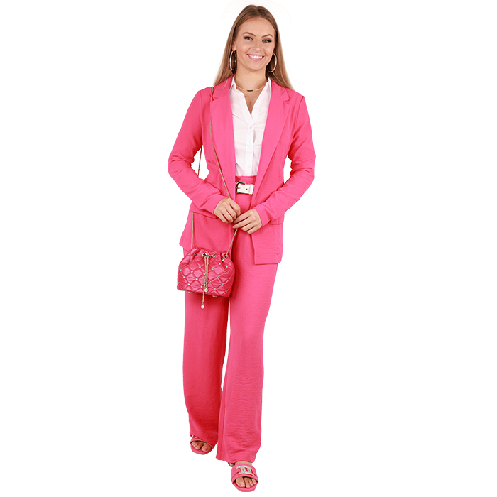 You can create a sophisticated and trendy look at work by layering the "Cotton" Long Sleeve Button Down Top under the "No Comment" Air Flow Blazer with matching "No Comment" High Waisted Air Flow Pants and completing the look with "Weeboo" Rhinestone Buckle Slide Flat Sandals.