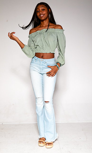 Pictured above is a My Melrose style by Sydney Cooper featuring a Papermoon long sleeve solid off-shoulder peasant top, YMI light wash distressed kneed flare jeans and Soda top tie espadrilles