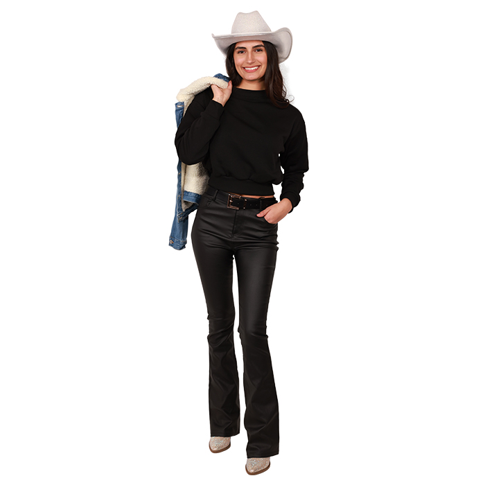 If you're searching for a chic yet understated outfit for the rodeo season, you might want to try layering the "Love Tree" Sherpa Lined Denim Jacket over a simple all-black ensemble. For a comfortable yet stylish look, consider pairing the "New Mix" 19" Long Sleeve Sweatshirt with some "Chocolate" Black Pleather Wide Leg Pants. Finally, to add a touch of sparkle and glamour, you could sport the "Forever" Rhinestone Short Western Booties. This ensemble will turn heads and make you feel confident and fashionable at rodeo events.