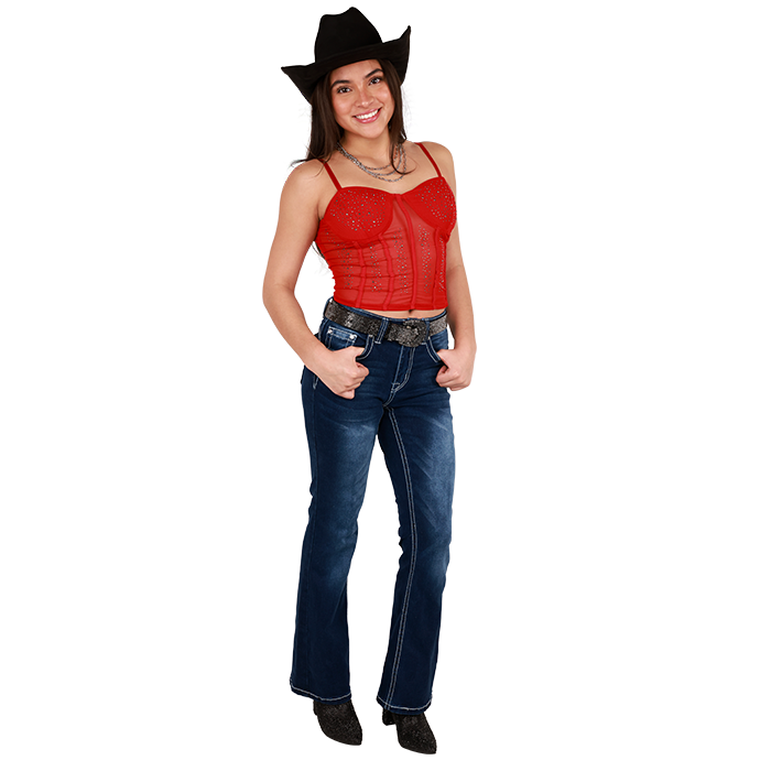 Get ready for an upcoming rodeo event or a fun night of country dancing with this perfect outfit. It features the "Papermoon" Mesh Corset Rhinestone Tank Top, "Rebel" 30" Boot Cut Dark Wash Rhinestone Embellished Denim Jeans, and the "Forever" 3" Thick Heeled Rhinestone Booties.