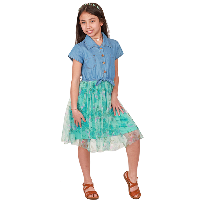 Your little girl will have the most unique look, the cutest of the whole family, wearing the "RMLA" Short Sleeve Denim Floral Tulle Overlay Dress and the "Lucky" Comfort X-Strap Strappy Sandals.