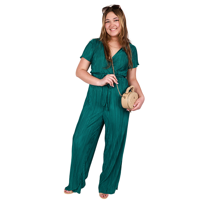 Make dressing in elevated fashion easy, breezy, and comfortable by wearing the "Almost" Short Sleeve Shimmer Tie Belt Jumpsuit with "Glaze" 4" Stiletto Ankle Strap Heels.
