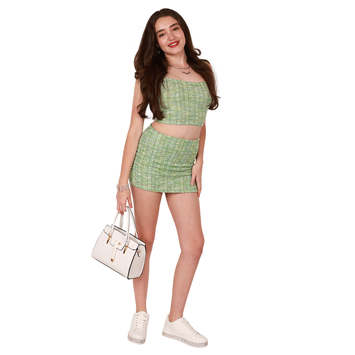 Look put together with feminine charm wearing the green "Chocolate" 2-Piece Tweed Cropped Tank and Skirt Set and the "Top" Pleather 1" Platform Rhinestone Lace-Up Athletic Shoes.