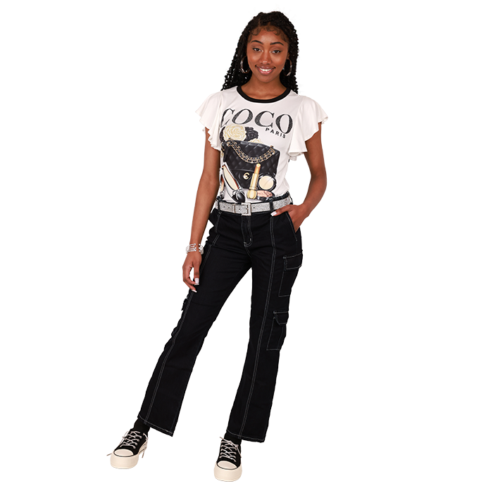 Be ready for the weekend in style wearing the "Davida" 20" Ruffle Short Sleeve Graphic T-Shirt, "VIP" Elastic Waist Cargo Jeans, and the "Yoki" Platform Canvas Rhinestone Lace-up Shoes.