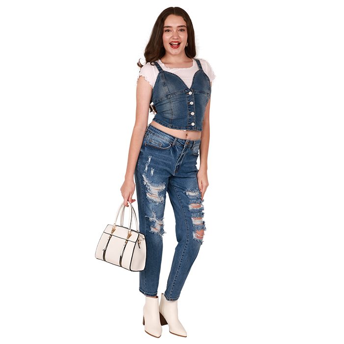 The all-denim style is currently trending, so head on over and get yourself the "Almost" Denim Bustier Tank Top and "Wax" 27" Medium Wash Denim Distressed Jeans. If you feel like you need a shirt underneath, you can also add the white "Ambiance" Short Sleeve Marrow Crop Top. You can switch up your shoes depending on how you wear the all-denim ensemble.