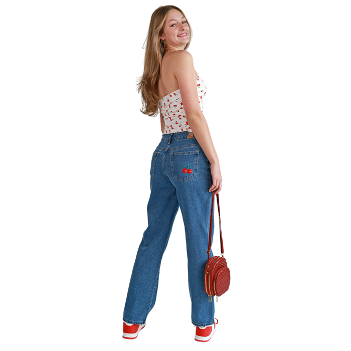 Create a stylish streetwear ensemble featuring the eye-catching "Style Tree" Ruched Cherry Print Tube Top, which showcases a vibrant cherry motif and a flattering ruched design that hugs the body perfectly. Pair it with the "Forever Young" 30" Medium Wash Denim Jeans, adorned with charming cherry embroidery that adds a playful pop of color against the classic medium wash fabric. Complete the look with the "Forever" Pleather Multi-Colored High-Top Athletic Shoes, which boast a bold mix of colors and textures, ensuring your outfit stands out with a sporty yet fashionable flair.