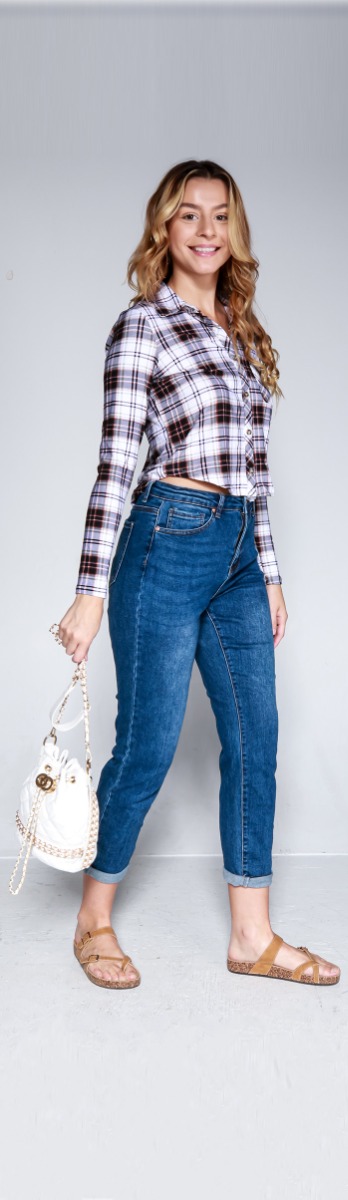 Berry Plaid Medium Denim Capri