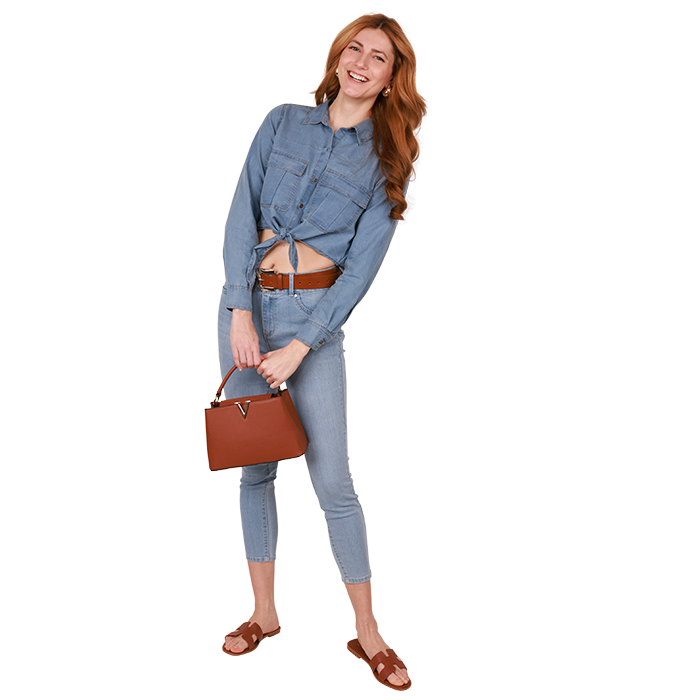 The contemporary woman can get on the all-denim trend wearing the "Indulge" 18" Denim Cargo Pocket Long Sleeve Shirt and "D Jeans" 27" 2-Button Skinny Ankle Denim Jeans. The "Anna" Flat "H" Slide Textured Sandals are a great pairing to this look.