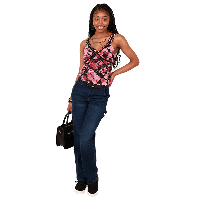 Mix a little bit of feminine with an edgy Y2K, and you have the "Almost" Floral Mesh Ruffle Tank Top, "Apollo" 32" 1-Button Medium Wash Carpenter Denim Jeans, and black "Top" Platform Rhinestone Athletic Lace-up Sneakers.