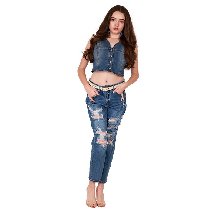 The all-denim style is currently trending, so head on over and get yourself the "Almost" Denim Bustier Tank Top and "Wax" 27" Medium Wash Denim Distressed Jeans. If you feel like you need a shirt underneath, you can also add the white "Ambiance" Short Sleeve Marrow Crop Top. You can switch up your shoes depending on how you wear the all-denim ensemble.
