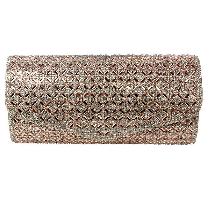 Shine in your evening fit by adding the "Illuma" Metallic Rhinestone Clutch Crossbody to your outfit.