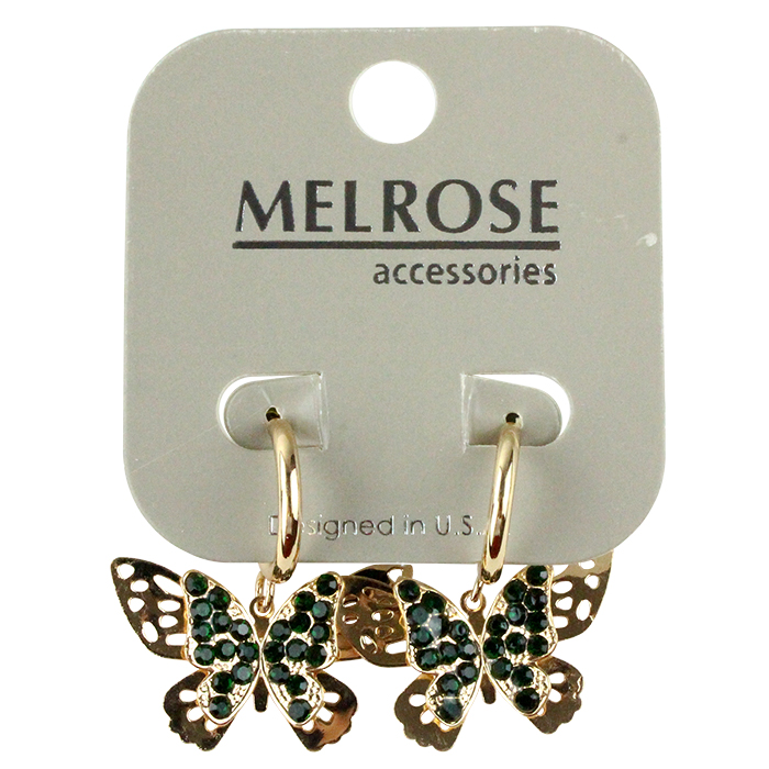 This photo features our "Pink" Green Metal Butterfly Hoop Earrings.