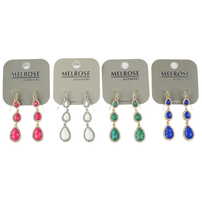 This photo features the "Pink" Three Teardrop Dangle Earrings in fuschia, royal blue, green, and white. 