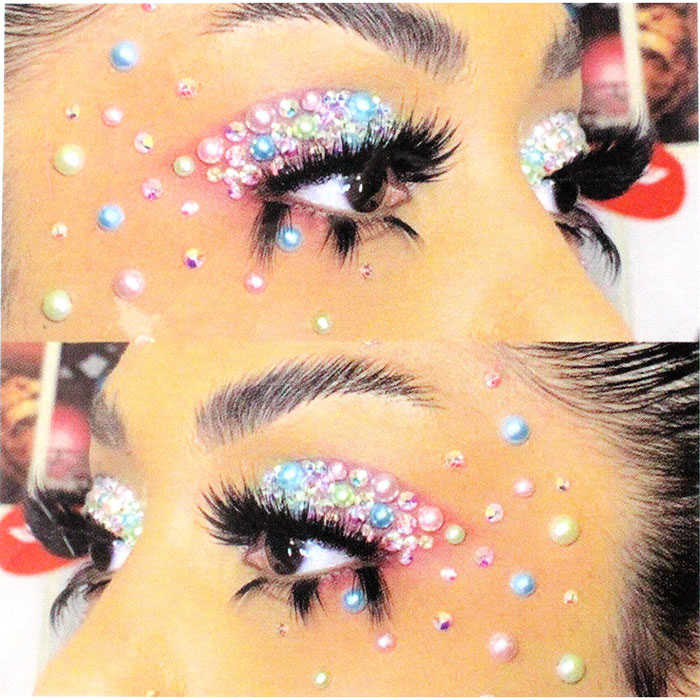 Vibrant blue, purple and pink look using the "UP" Multicolor/Clear Rhinestone Face Jewels.