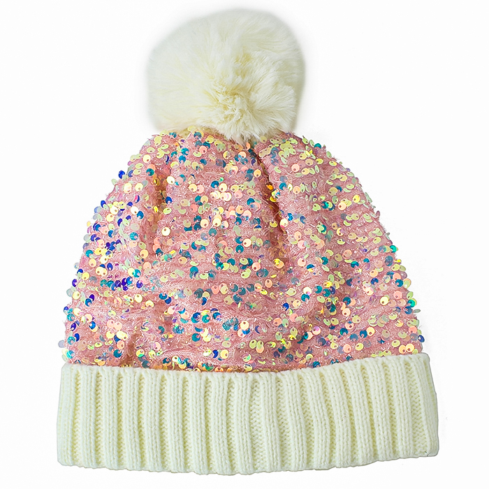Pink "Minky" Sequin Knit Beanie Hat