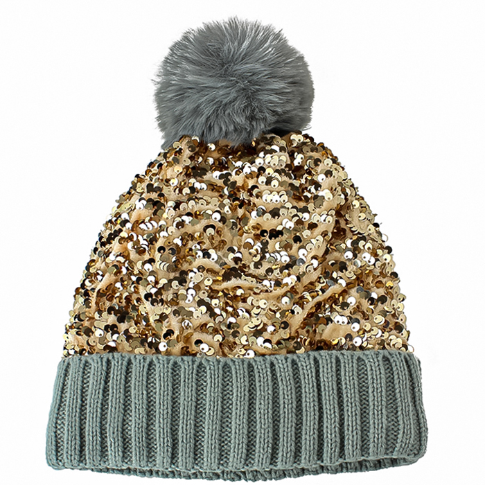 Flat lay Brown and nude "Minky" Sequin Knit Beanie Hat