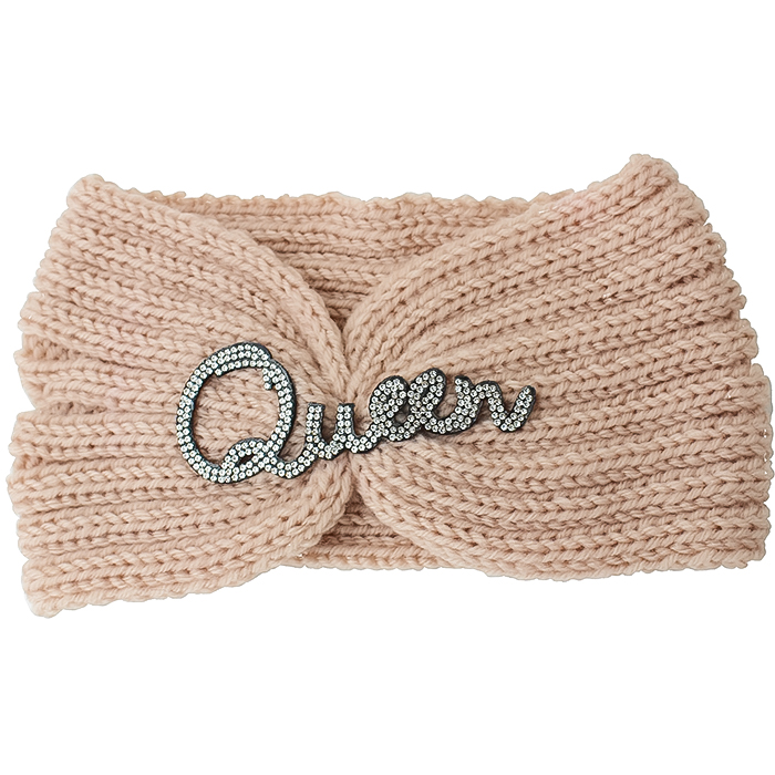 Flat lay of blush 'queen' knit headband