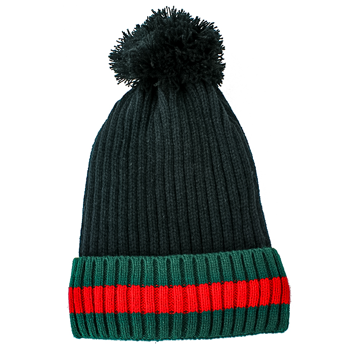 Flat lay of Black "Minky" Red & Green Striped Knit Beanie Hat