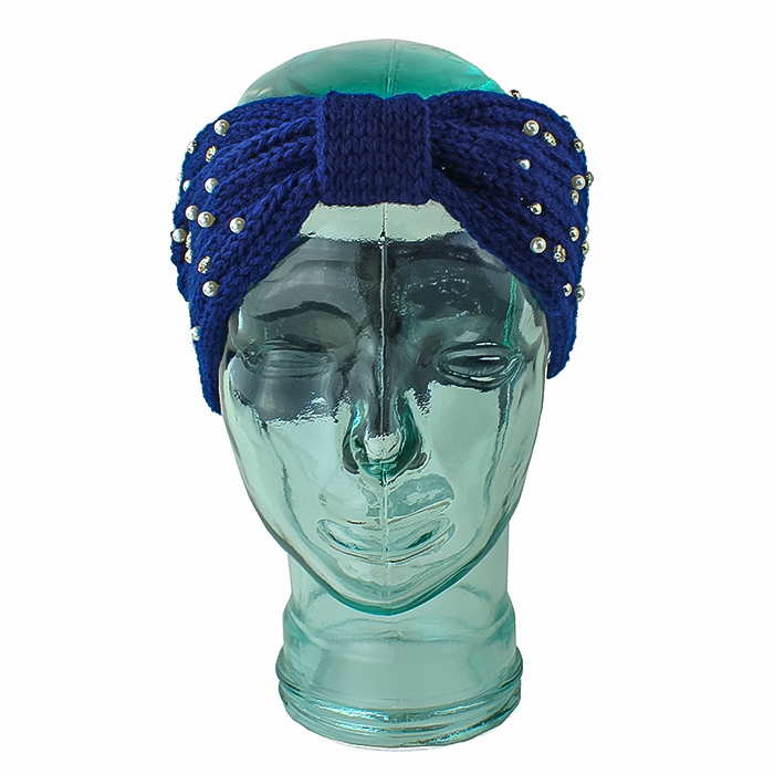 Blue knit pearl embellished bow headband