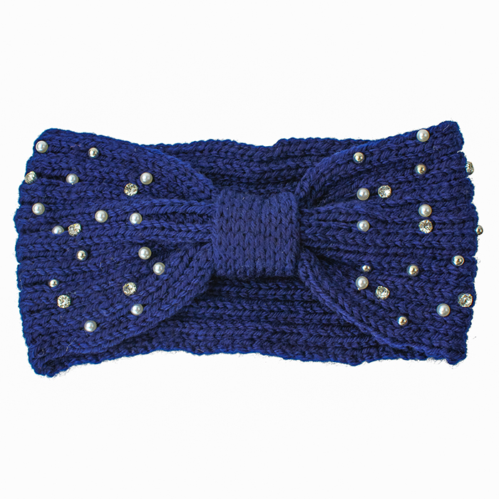 Flat lay knit pearl embellished bow headband