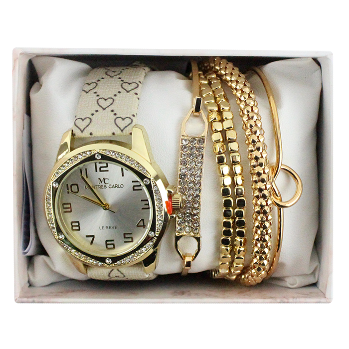 Introducing the "Akzan" Pleather Heart Print Watch and Bracelets Boxed Set, the perfect accessory to elevate your style! This stylish set features a trendy heart print design that adds a playful touch to any outfit. Ideal for everyday wear or to enhance your work attire, the "Akzan" watch is crafted from quality pleather, ensuring durability while maintaining a chic appearance.  This boxed set includes a beautifully designed watch and matching bracelets, making it an excellent gift for yourself or a loved one. The versatile pieces allow you to mix and match, providing endless styling possibilities. Enhance your contemporary look and express your unique style with the "Akzan" Pleather Heart Print Watch and Bracelets Boxed Set. Shop now to make this adorable accessory a staple in your jewelry collection!