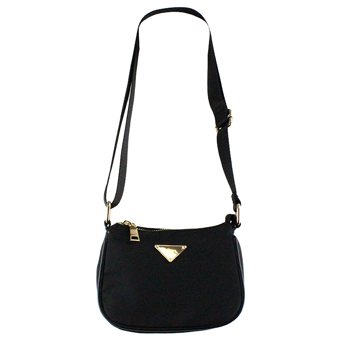 Introducing the “FDC” Nylon Gold Triangle Hardware Mini Shoulder Bag – the ultimate designer dupe for fashion enthusiasts seeking elegance and versatility. This sophisticated mini shoulder bag is expertly crafted from durable nylon, ensuring both style and practicality. The standout gold triangle hardware adds a touch of luxury, making it the perfect accessory for any occasion, whether a night out or a casual day event. With its compact size, the “FDC” shoulder bag offers ample space to carry your essentials, including your phone, wallet, and makeup. The adjustable strap allows for comfortable wear, whether holding it on your shoulder or across your body.  This stylish mini bag is not just a fashion statement but a functional choice for those on the go. Perfect for pairing with casual and dressy outfits, the “FDC” Nylon Gold Triangle Hardware Mini Shoulder Bag is a must-have for anyone looking to make a fashionable impression.